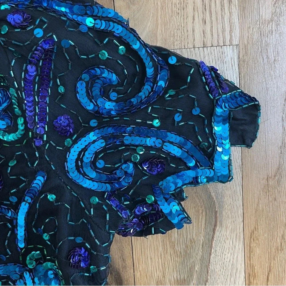 Vintage 80s Laurence Kazar hand-beaded sequin top, size petite Large; 100% silk - Picture 5 of 11